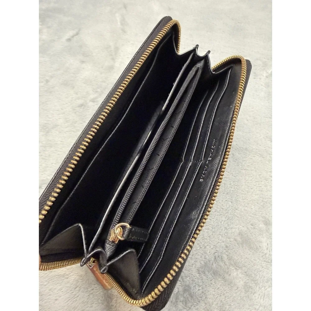 Michael Kors Black Saffiano Leather Zip Around Wallet Gold Hardware